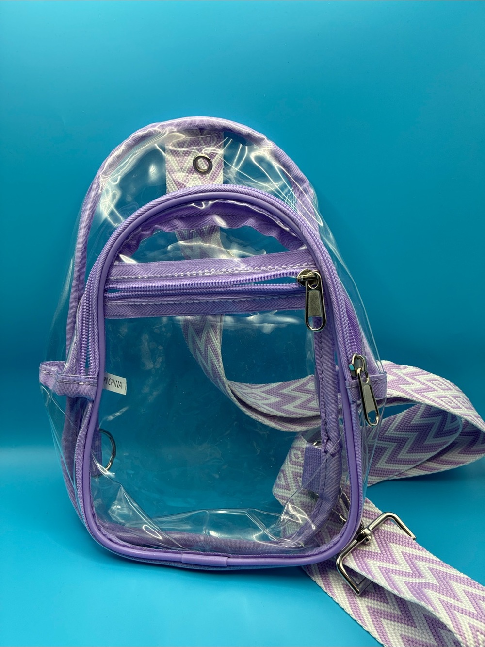 Clear Lavender Mini Backpack with Patterned Strap - Picture 7 of 7